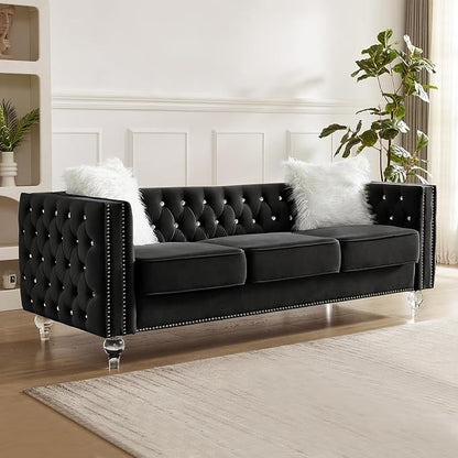 83" Chesterfield Sofa, Velvet Mid-Century Modern Upholstered Couch with 2 Throw Pillows and Acrylic Legs, Nailhead Button Tufted Vintage Sofa for Living Room, Apartment, Office, Black