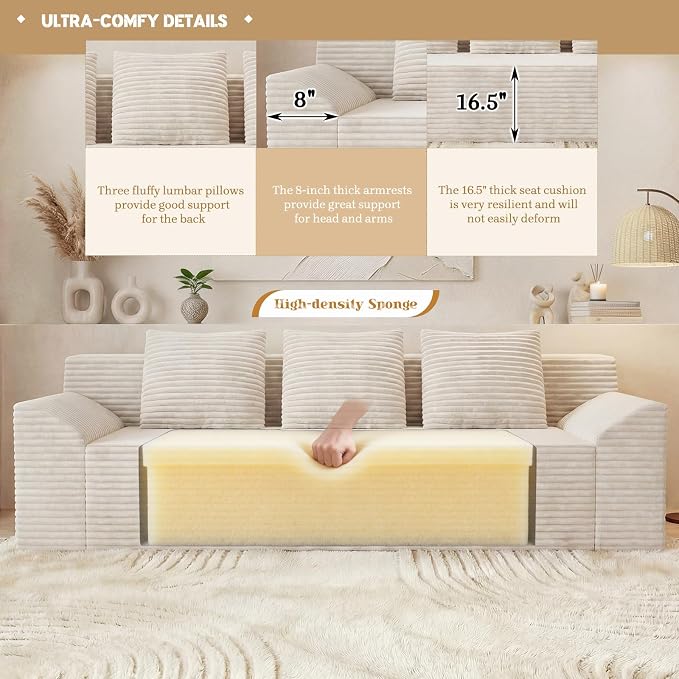 71" Corduroy Living Room Sofa, 3 Setaser Deep Seat Couch with 3 Lumbar Pillows, Comfy Boneless Sofa Modern Compressed Couch for Bedroom, Office, Apartment, No Assembly, Curved Armrests (Ancient White)