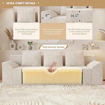 71" Corduroy Living Room Sofa, 3 Setaser Deep Seat Couch with 3 Lumbar Pillows, Comfy Boneless Sofa Modern Compressed Couch for Bedroom, Office, Apartment, No Assembly, Curved Armrests (Ancient White)