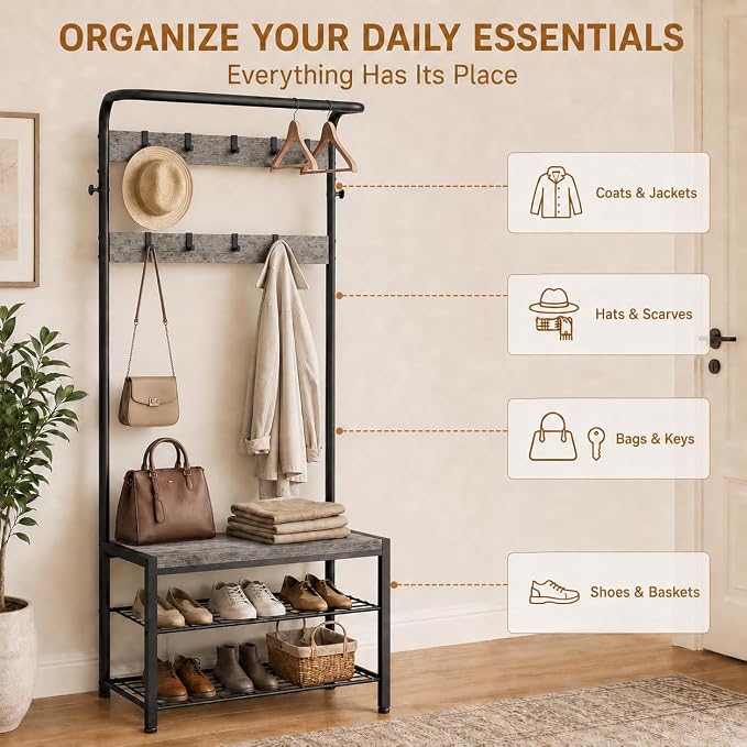Simple Deluxe 4-in-1 Entryway Coat Rack, Hall Tree with Bench and Shoe Storage, Mudroom Bench with Storage and 10 Hooks Hall Tree Organizer for Entryway, Bedroom, Grey