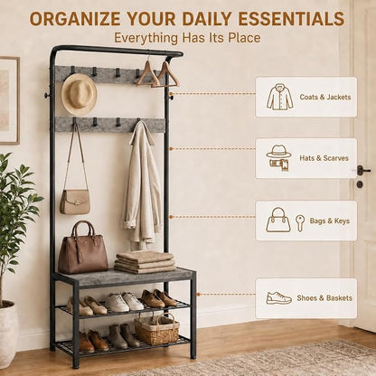 Simple Deluxe 4-in-1 Entryway Coat Rack, Hall Tree with Bench and Shoe Storage, Mudroom Bench with Storage and 10 Hooks Hall Tree Organizer for Entryway, Bedroom, Grey