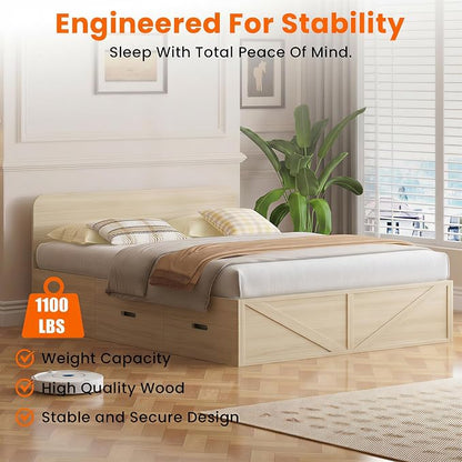 CECER 3-in-1 Queen Murphy Bed with Mattress for Small Space -Natural Wood | Multi-Functional Desgin that Converts to Sofa Set，Bed and Cabinet，Easy Assemble ＆ Conversion