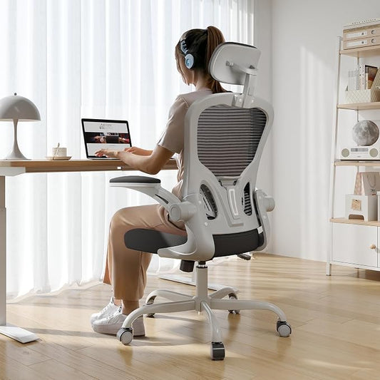 Office Chair Ergonomic Desk Chair, 330LBS Capacity, High Back Computer Design for Long Hours Comfort, Rolling Swivel for Home Office, Flip-up Armrests, Grey Black