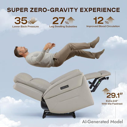 Watson & Whitely Super Zero Gravity Power Recliner Chair with Power Headrest, Genuine Leather Recliner with USB & Type-C Ports, Electric Reclining Sofa Chair for Living Room, Bedroom, Light Grey