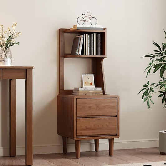 Solid Wood Bookshelf with Drawers,Narrow bookcase with Storage Shelves,Tall Nightstand with Drawers,Mid Century Modern Nightstand,Open Shelf Bookcase,Small Book Shelf for Bedroom,Living Room,Offices