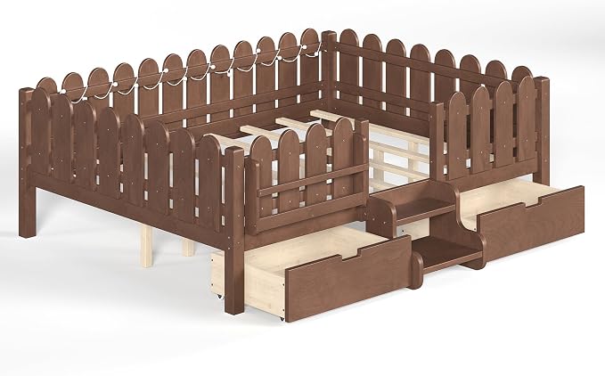 Bellemave Queen Size Montessori Bed with Stairs, Lights, Rails and Slats, Queen Size Montessori Floor Bed with Bookshelf and 2 Storage Drawers, Easy Assemble Beds Frame for Girls, Boys, Natural