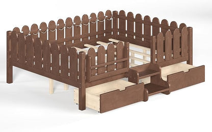 Bellemave Queen Size Montessori Bed with Stairs, Lights, Rails and Slats, Queen Size Montessori Floor Bed with Bookshelf and 2 Storage Drawers, Easy Assemble Beds Frame for Girls, Boys, Natural