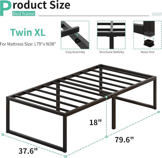 Lutown-Teen 18 Inch Twin XL Bed Frames Heavy Duty Metal XL Twin Platform Bed Frame No Box Spring Needed, Noise Free, Easy Assembly, Black