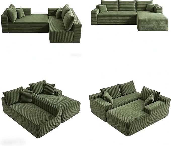 JINGLING 94" U Shaped Boneless Sectional Couch Set for Living Room, Plush Corduroy Modular Sofa with Ottoman, Small Space Apartment Couch, No Assembly, Right Facing Chaise, Green