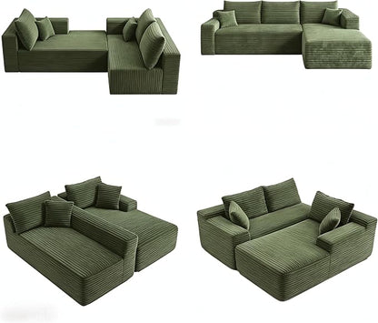 JINGLING 94" U Shaped Boneless Sectional Couch Set for Living Room, Plush Corduroy Modular Sofa with Ottoman, Small Space Apartment Couch, No Assembly, Right Facing Chaise, Green