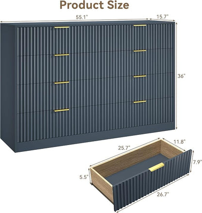 Navy Blue 8 Drawer Dresser for Bedroom, 55" Wide Fluted Chest of Drawers with Gold Metal Handles, Modern Wooden Dresser, Closet Storage Organizer Mid Century TV Stand for Living Room Hallway