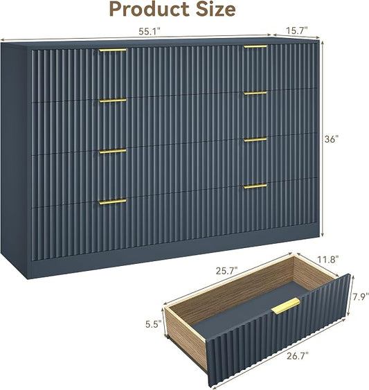 Navy Blue 8 Drawer Dresser for Bedroom, 55" Wide Fluted Chest of Drawers with Gold Metal Handles, Modern Wooden Dresser, Closet Storage Organizer Mid Century TV Stand for Living Room Hallway