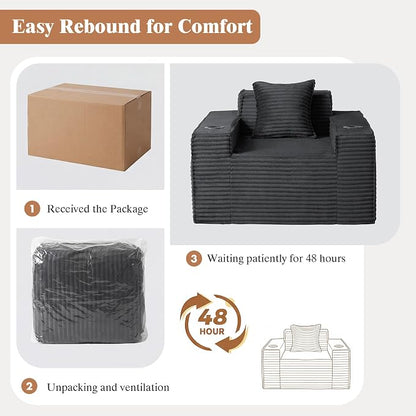 3 pcs Boneless Living Room Couch Set, Boneless Sofa Couches with Cup Holder for Compact Living Rooms, Apartments (Deep Gray, Single Chair + Loveseat+ 3 Seat Sofa)