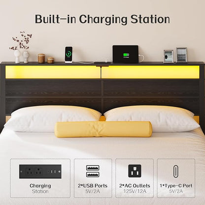 Liians Black King Size Bed Frame with LED Lights and Charging Station, King Size Platform Bed with Metal Slats and Wood Headboard, No Box Spring Needed