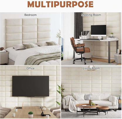 IFNOW Wall Mounted Upholstered Headboard King, 3D Peel and Stick Soundproof Panels, Reusable and Removable Padded Leather Bed Headboard, 12 Panels 9.84" x 23.62", Ivory White
