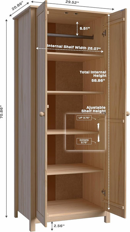 From the Tree Furniture Wardrobe – 2-Door Armoire, Unfinished Pine, 29.52″ W × 20.86″ D × 70.86″ H – Bedroom Closet with Adjustable Shelves & Hanging Rail, Stain-Ready