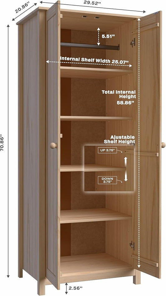 From the Tree Furniture Wardrobe – 2-Door Armoire, Unfinished Pine, 29.52″ W × 20.86″ D × 70.86″ H – Bedroom Closet with Adjustable Shelves & Hanging Rail, Stain-Ready