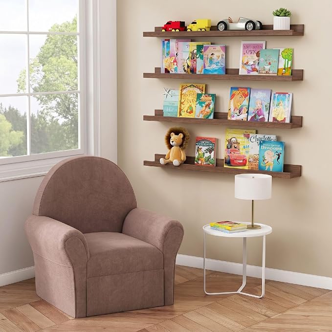 Forbena 36 Inch Picture Ledge Shelf, Floating Nursery Shelves for Wall | Solid Wood Material | Lip Edge | Ideal for Living Room Kids Bedroom Office Photo Frame Display | Walnut Brown | 4 Pack