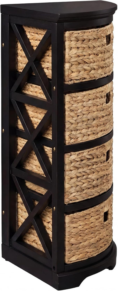 eHemco Hampton Meadows 4 Tier X-Side Corner Table Storage Cabinet with 4 Wicker Baskets, Black