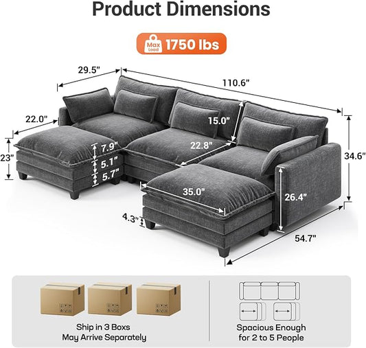 Pipishell 110.6" Modular Sectional Sofa, U Shaped Cloud Couch with Movable Ottoman, 5-Seat Chenille Deep Seat Cloud Modular Sectional Sofa with Throw Pillows for Living Room & Apartment, Grey