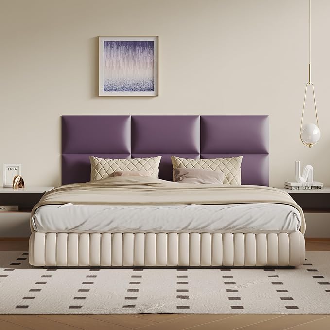 Light Purple Faux Leather Peel and Stick Headboard Kit - 6-Panel Wall Mount Bed Backboard for Queen/King Size Beds, 24"x12" Removable Panels (Easy Installation)