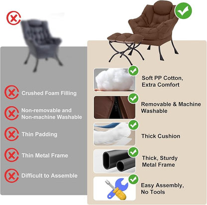 Furlide Lazy Chair with Ottoman, Modern Accent Chairs with Folding Footrest, Dark Brown Sofa Chair Set, Comfortable Reading Chairs, Oversized Armchairs for Bedroom, Study, Living Room, Courtyard