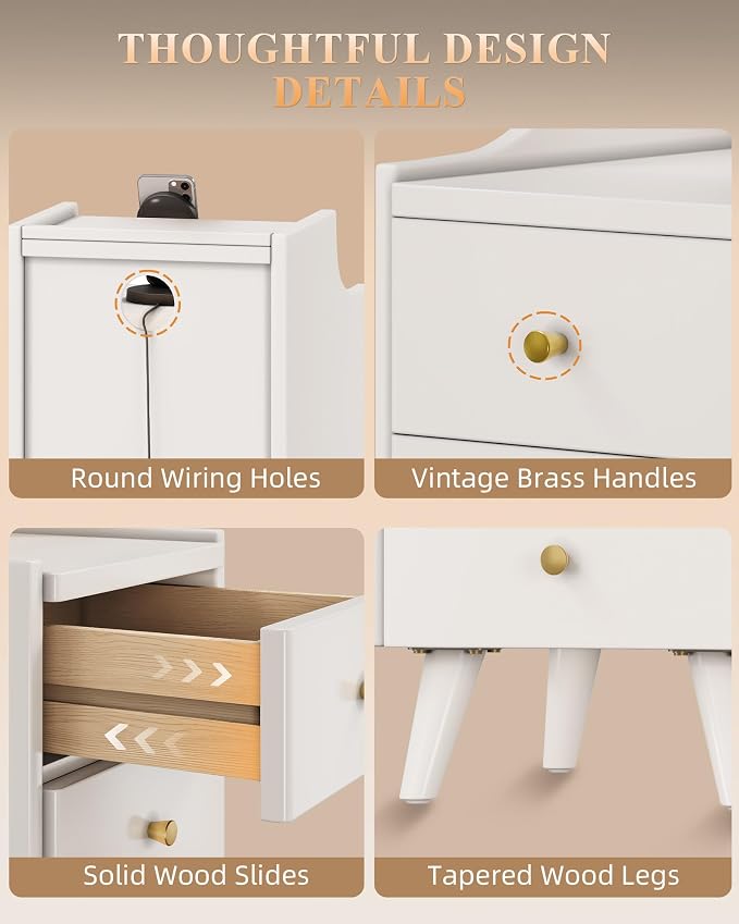 Narrow Nightstand with Drawers, 15.7" Slim Solid Wood Bedside Table with Open Shelf & Cable Hole, Modern Storage Side Table for Bedroom, White