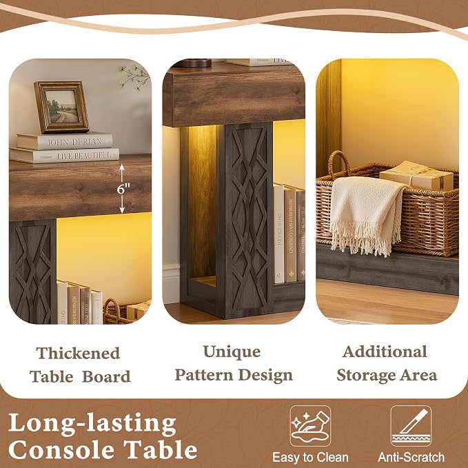 Unikito 63" Console Table with Outlets & LED Lights, Farmhouse Entryway Table with Unique Geometric Pattern, Sofa Table Behind Couch with 2-Tier Storage for Living Room, Hallway, Foyer, Grey & Brown