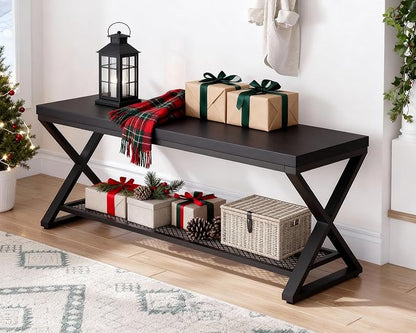 LVB Black Entryway Bench with Storage, Indoor Shoe Bench with Seating for Hallway, Accent Storage Bench for Living Room Bedroom, Simple Small Shoe Rack Benchs for Foyer Entrance, Black Oak, 39 inch