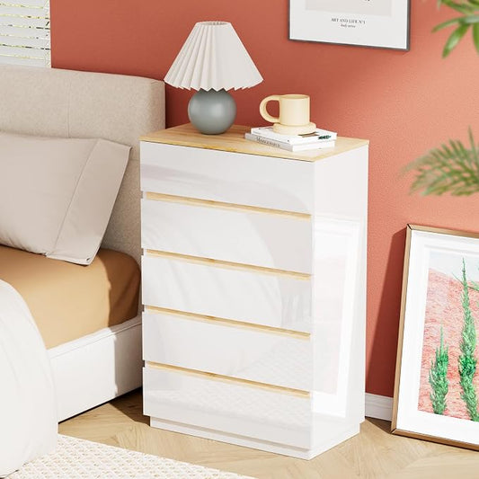 VINGLI 5 Drawer Dresser for Bedroom, 45" H Tall Dresser Chest of Drawers, High Gloss Wood Modern Storage Cabinet with Brown Top