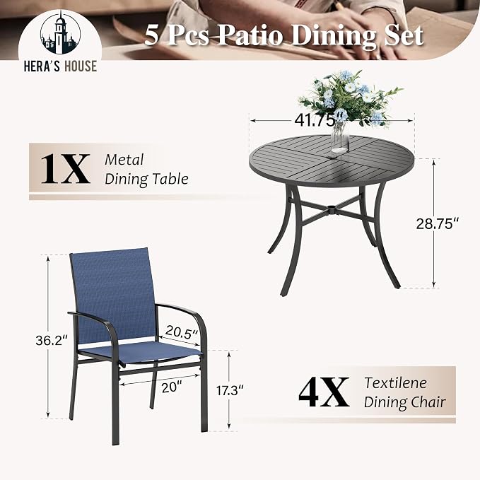 HERA'S HOUSE 5 Pieces Patio Table and Chairs Set, Outdoor Dining Furniture for 4, 42" Black Metal Round Dining Table with Umbrella Hole, 4 x Blue Textilene Chairs for Lawn Garden Backyard Deck