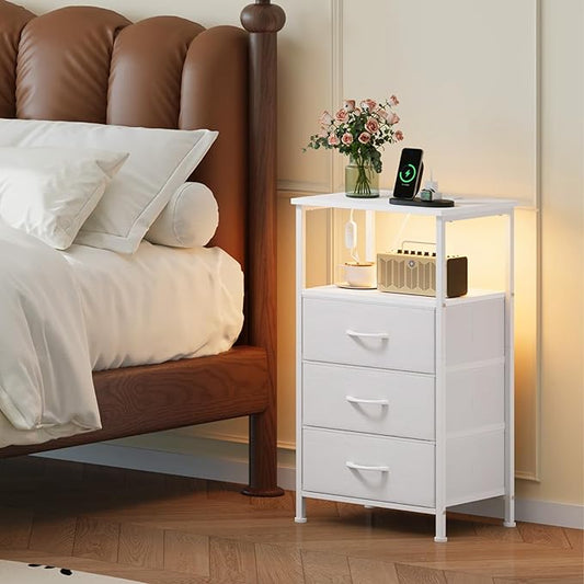 Somdot White Nightstand with Charging Station and LED Light for Bedroom, Tall 3 Drawers Dresser with Fabric Bins for Bedside Kids Dorm Room Closet Laundry Entryway, White Leather