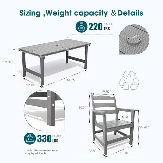 THOEOE 7 Piece Outdoor Dining Set, Patio Dining Table and 6 Chairs, All-Aluminum Frame, All-Weather HDPE Outdoor Furniture with Umbrella Hole for Garden, Lawn, Poolside, Grey