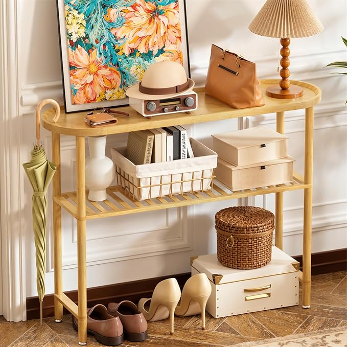 Narrow Console Table Bamboo 39.4", Modern Entryway Table for Hallway Oval Top, Sofa Console Table with Anti-Fall Edge, TV Stand for Living Room, Indoor Outdoor Plant Stand, 5min Easy Assembly
