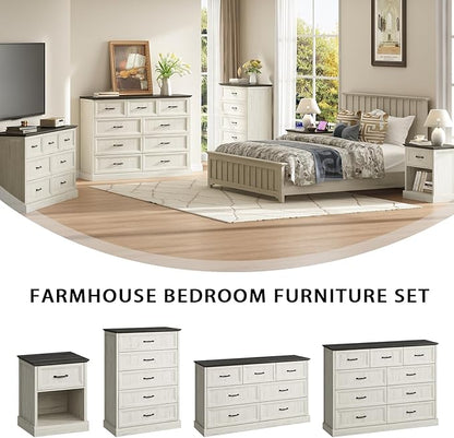 CARPETNAL Farmhouse Dresser and Nightstand Sets for Bedroom, 3 Pcs Bedroom Set, 7 Drawer Dresser & Nightstand Set of 2, Modern Wood Chest of Drawers for Bedroom, Living Room, Entryway, White