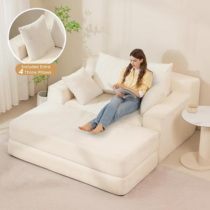 cidludto Convertible Futon Sofa Bed with Ottoman, 5 in 1 Folding Couch Bed Loveseat, Corduroy Boneless Couch with Deep Seat for Living Room Chaise Lounge Chair Indoor, No Assembly Required, Beige