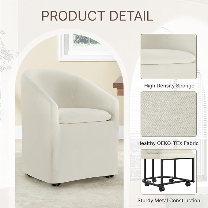 KISLOT Upholstered Dining Chairs Set of 4 with Casters, Modern Side Barrel Armchair with Washable Slipcover & Sturdy Metal Frame for Diningroom Bedroom Livingroom Reading Room, Beige Fabric