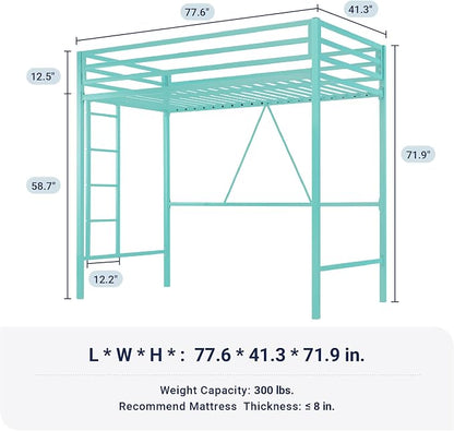 Allewie Metal Loft Bed Twin Size with Guardrail and Ladder,Green | Small Space Saving Design for Bedroom Kid Room and Dorm, No Box Spring Needed
