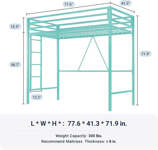 Allewie Metal Loft Bed Twin Size with Guardrail and Ladder,Green | Small Space Saving Design for Bedroom Kid Room and Dorm, No Box Spring Needed