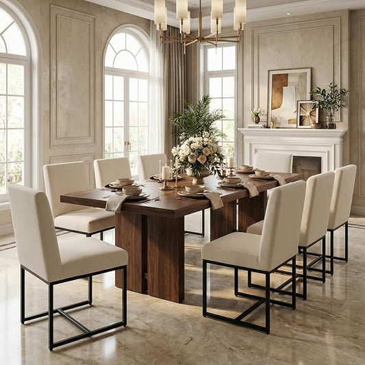 CIMOTA Modern Linen Dining Chair Set of 8, Mid Century Dining Room Chairs Fabric Upholstered Armless Side Chair with Black Sled Base for Dining Room, White Cream 8PCS