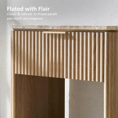 Fluted Nightstand with Faux Marble Top, Modern Bedside Table | FSC-Certified Engineered Wood, 24" H, 1 Drawer and 1 Storage Shelf, Rounded Corner, Metal Handle, for Bedroom, Natural Oak