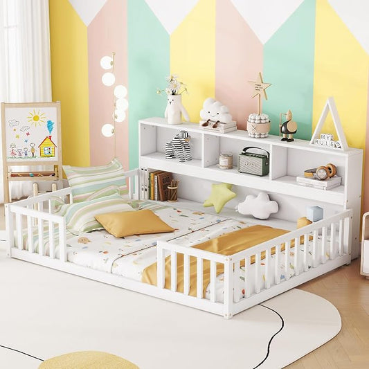 Bellemave Kids Montessori Floor Bed,Full Size Floor Bed with Bookcase and Shelves,Full Bed Frame with Guardrails for Kids,Girls,Boys,Full,White