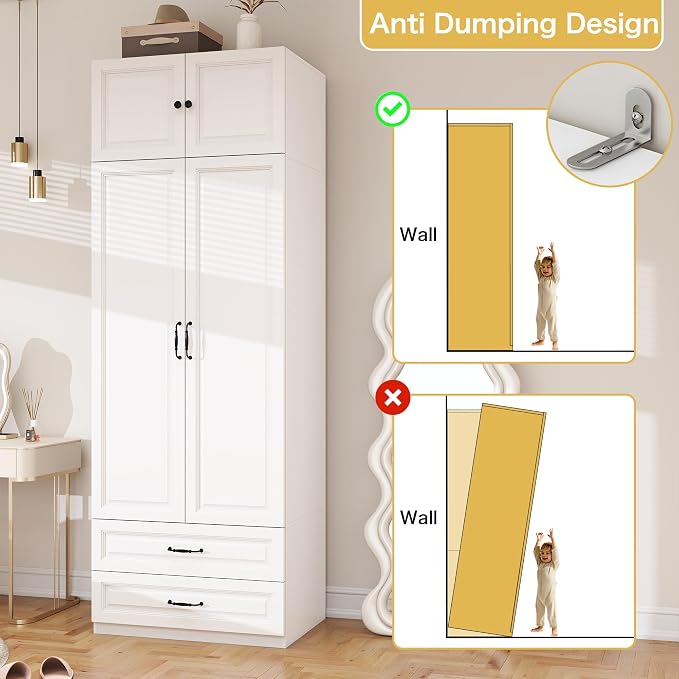 Armoire Wardrobe Closet with Doors: 89" Extra Tall White Wardrobe with Storage on Top, Bedroom Armoires with 2 Doors and 2 Drawers, Large Wood Closet Armoire for Hanging Clothes