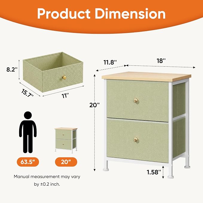 Sweetcrispy Nightstand Set of 2 with 2 Storage Drawers, Small Bedside Table | 20" Height Furniture End Table, Wooden Top Fabric Cabinet for Bedroom, Closet, Entryway, Light Green 2Pack