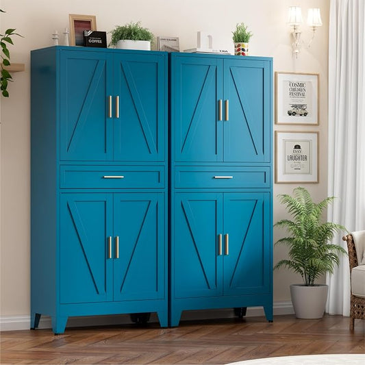 Metal Storage Cabinets with Drawer, 71" Filing Cabinet with 4 Adjustable Shelves & 4 Doors, Modern Abstract Rhombus Geometric Design File Cabinet for Home,Office,Garage,Shop,School, Blue