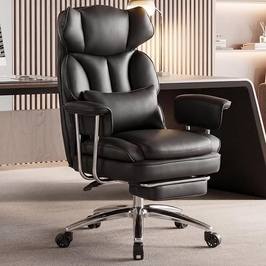 DUMOS Home Office Desk Executive Chair - Ergonomic Big Tall High Back with Footrest & Lumbar Support, Reclining Height Adjustable, Comfy PU Leather Computer Gaming with Swivel Wheels, Black
