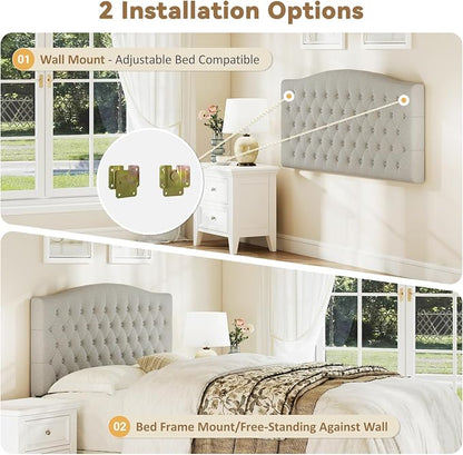 Queen Headboard Only, Linen Classic Tufted Design, Gray Linen | 2 installation options: 1.bed frame mount 2.wall mount (for adjustable bed), Classic hand-tufted headboard king size