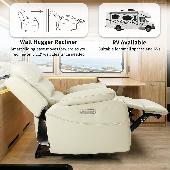 EONIX Power Zero Wall Hugger Power Recliner Chair for Small Space RV Living Room,Power Recliner with Massage and Heat, USB & USB-C Charging Ports, SXXY003992, Cream White