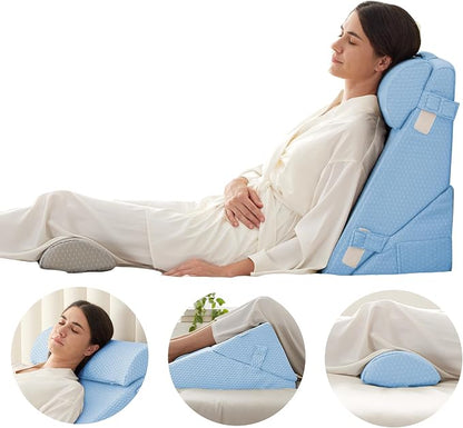 Adjustable 4pcs Bed Wedge Pillow Set, Memory Foam Wedges Pillow Post Surgery for Back, Neck, Leg Pain Relief, Pillows Wedge for Sleeping, Sitting up in Bed, Acid Reflux and GERD, Light Blue