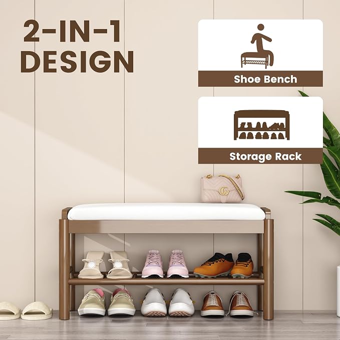 Entryway Shoe Storage Bench, 2-Tier Wood Shoe Rack with Cushion, Padded Seat Entryway Organizer with Shelf & Hidden Storage for Entry, Hallway, Living Room, Bedroom, Closet (Walnut, 31.5")